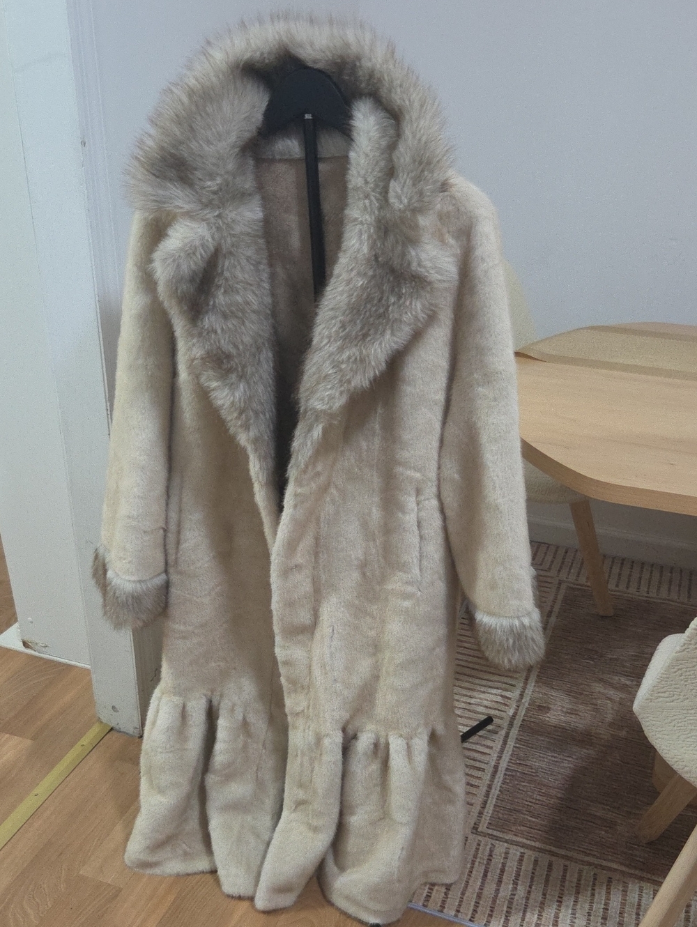 Cream Faux Fur Long Coat Without Hood